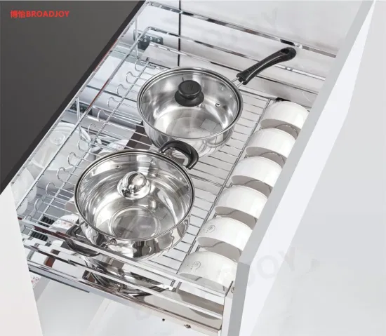 Unidades de base de armazenamento doméstico Cook Top Fechamento suave Slide para fora Rack de arame de três lados Suporte para talheres Louça Gaveta removível Cesta Acessórios para armário de cozinha